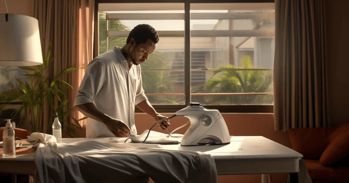 A man ironing a shirt from Nairobi. Ironing is a big consumer of electricity tokens for KPLC (Kenya Power)