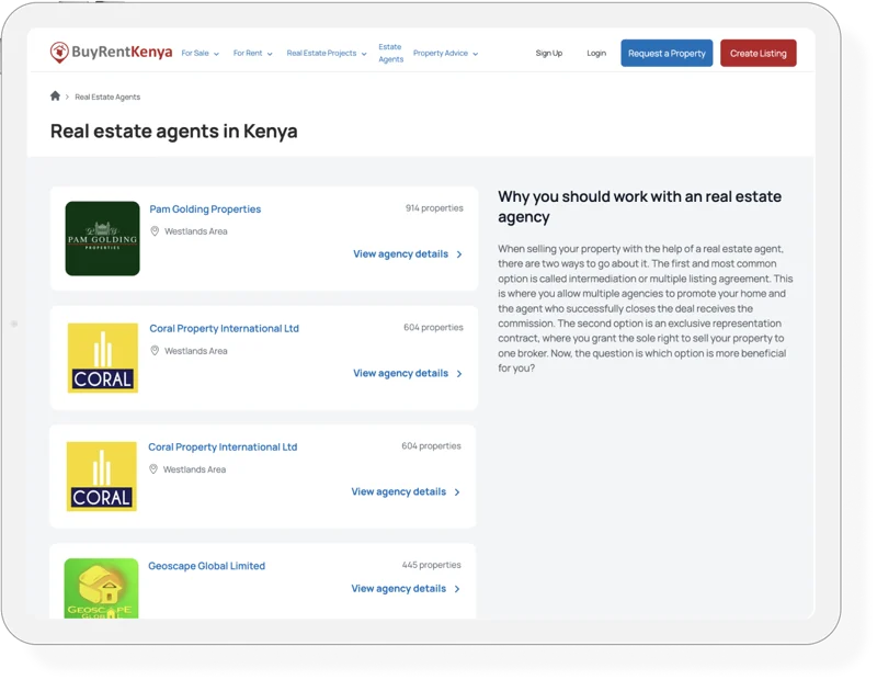 The BuyRentKenya estate-agents directory shown on a tablet